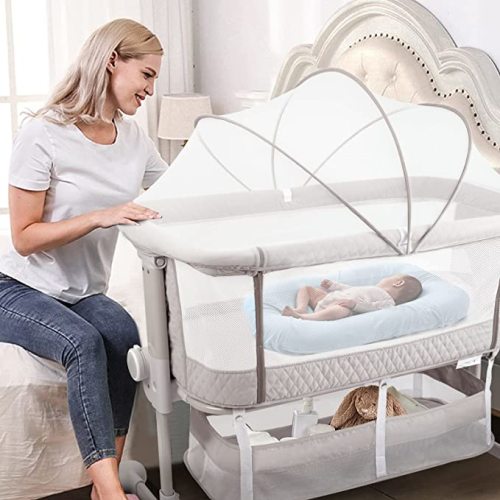 HAHASOLE Baby Bassinets Bedside Sleeper, Bedside Bassinet 3 in 1 Bedside Crib with Mosquito Net,Mattress,2 Bassinet Sheets & 6 Height Adjustable, Easy Folding Portable Travel Bassinet for Baby - Grey