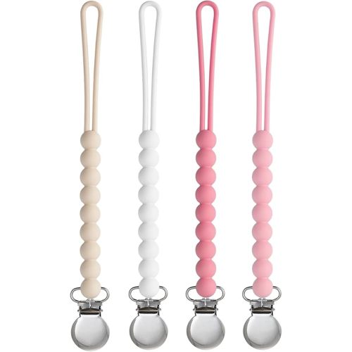 Pacifier Clip for Boys Girls - MORIBOX 4 Pack Paci Clip Soothie Baby Binky Holder for Shower Gift Birthday (Beige+White+Pink+Dpink)