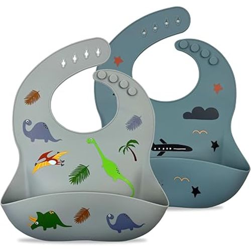 Silicone Baby Bibs,Set of 2 - Waterproof,Adjustable with deep Pocket food Catcher for Feeding - Toddlers,Boys,Girl