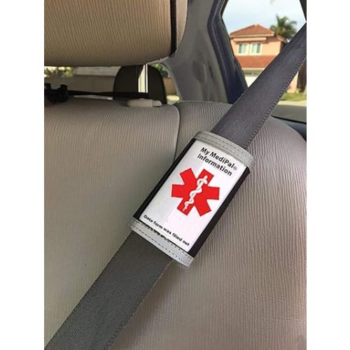 Medical Alert ID on Seatbelt Covers Shoulder Strap, w/Emergency Medical info for Autism Awareness, an Allergy ID, Seizure Alert, Diabetic ID, Dementia Product for Elderly + Medication List