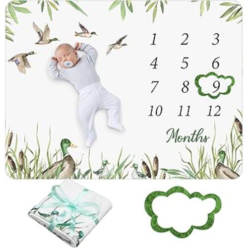 Preboun Baby Monthly Milestone Blanket 40"x60" Mallard Duck Months Blanket Photo Props Mallard Duck Stuff Growth Chart Milestone Gift for Boy or Girl with Felt Marker Newborn Photoshoot