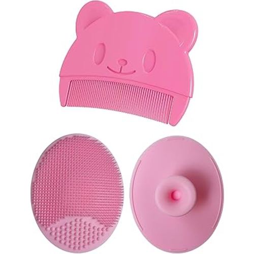 Baby Bath Brush, Baby Cradle Cap Brush, Silicone Massage Brush, Baby Comb, Children's Comb(3pcs) (Pink)