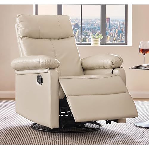 30° Rocker & 360° Swivel Recliner Chair, Manual Glider Reclining with Adjustable Backrest Footrest and Lumbar Support for Nursery Living Room Bedroom Small Spaces, Faux Leather