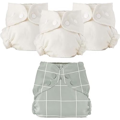 Esembly Cloth Diaper Bundle Set, 3 Organic Absorbent Inners and 1 Waterproof Recycled Diaper Cover, Reusable Washable Diapers with Snap Closure, Size 1 (7-17lbs), Lattice