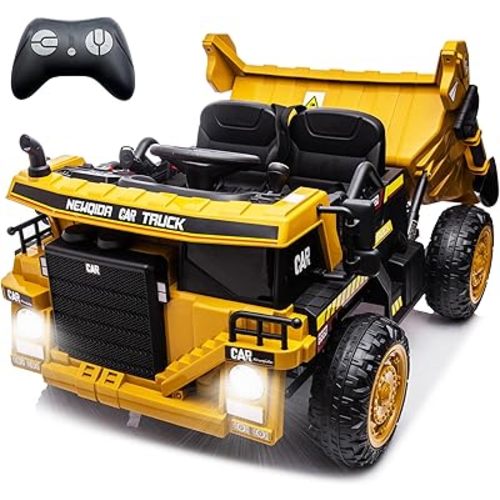 NEWQIDA Ride on Dump Truck, 12V Kids Electric Car with Remote Control for Toddlers Ride on Construction Vehicles with Electric Dump Bed/Shovel, 19" Spacious Seat, Soft Start, Music, Bluetooth, Yellow