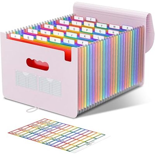 ABC life 26 Pockets Accordion File Organizer, Expanding File Folder, Portable Monthly Paper Bill Tax Receipt Organizer, Letter A4 Size Document Organizer with Blank Labels - Pinkish Purple