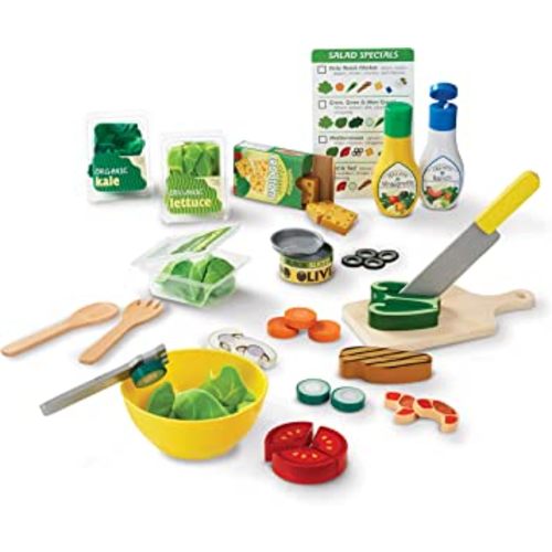Melissa & Doug Slice and Toss Salad Play Set – 52 Wooden and Felt Pieces , Green - Pretend Food, Kitchen Accessories For Kids Ages 3+