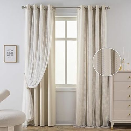 MYSKY HOME Living Room Curtains 84 Inchs Long Beige Curtains for Girls Bedroom Double Layer Curtains White Spots Sheer Grommet Room Darkening Curtain Drapes with Tiebacks for Boys Kids Room W52 X L84
