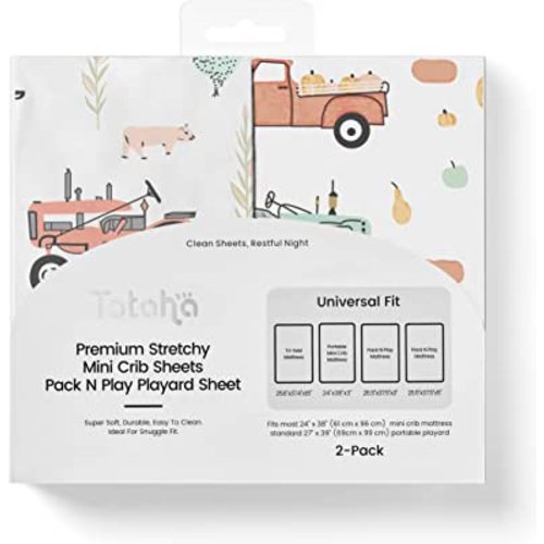 TotAha Premium Stretchy Pack N Play Playard Sheets | Mini Crib Sheets (2-Pack) -Hypoallergenic, Silky Comfort, Buttery Soft, Calming Effect, All-Season Jersey-Knit Sheets 38 X 24 (Farm & Pumpkin)