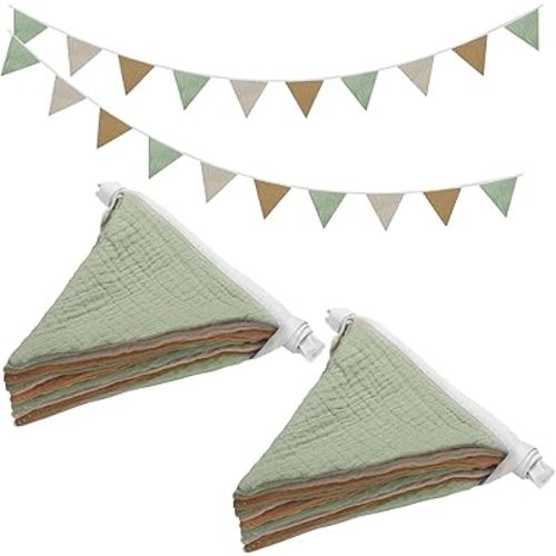 2PCS Pennant Banner Flags, Fabric Bunting Banner Nursery Garland Decor, Baby Shower Garland, Triangle Flags for Baby Boy Room, Playroom, Boho Birthday Party Decor, Each 7.75 ft (Mistwood Color)