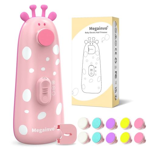 Megainvo Baby Nail File Electric,Safe Baby Nail Trimmer with 10 Grinding Heads, Whisper Quiet,LED Light Baby Nails Clippers Electric for Baby Newborn Toddler Fingers& Toenails Kits,Pink