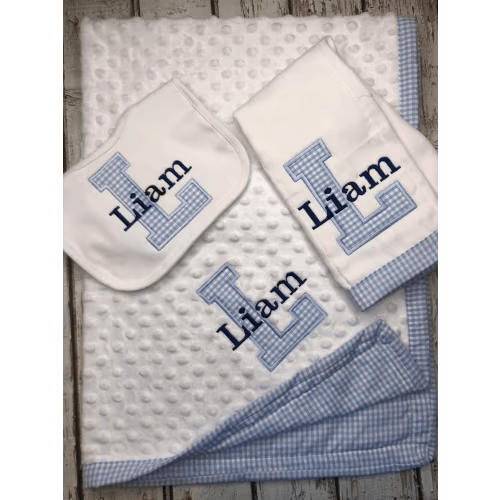 Monogrammed Baby Blanket Gift Set: Gingham, Minky, Applique
- Personalization: Jackson
- Style: Gingham
- Package: Blanket/bib/burp