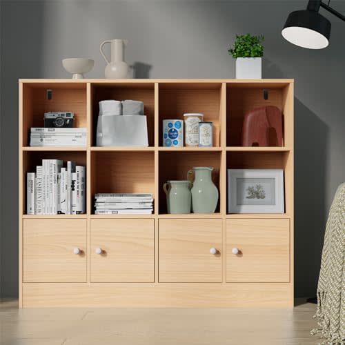 Cozy Castle Oak Wood Bookcase, 12 Cube Storage Organizer Shelf with 4 Doors, 3 Tier Storage Cabinet with Anti-Tilt Device for Bedroom, Living Room, Office