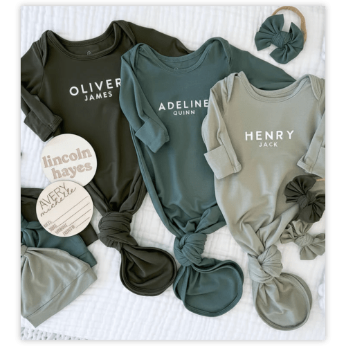 Personalized Bamboo Newborn Baby Knot Gown & Hat | Garden Greens - Block