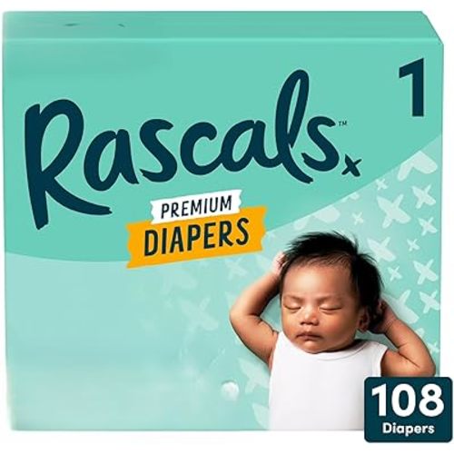 Rascals Premium Absorbent Baby Diapers with Deep Pocket and Triple Leak Guards for Blowout Protection (1-108ct)