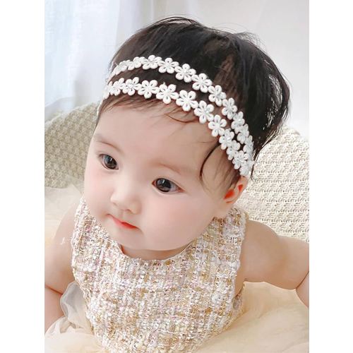 Baby Girls Hairband White Bow Lace Headbands Handmade Soft Stretchy Wide Head Band Newborn Hairbands with Bows Pearls Elastic Headband for Infant Hair Accessories(Flower Pearl Headband)