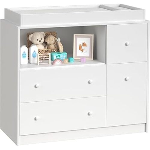 Baby Changing Dresser with Large Tabletop, 3 Drawers, Open Storage Space, and Open Storage Shelf – Ideal Changing Table for Nurseries and Baby Rooms