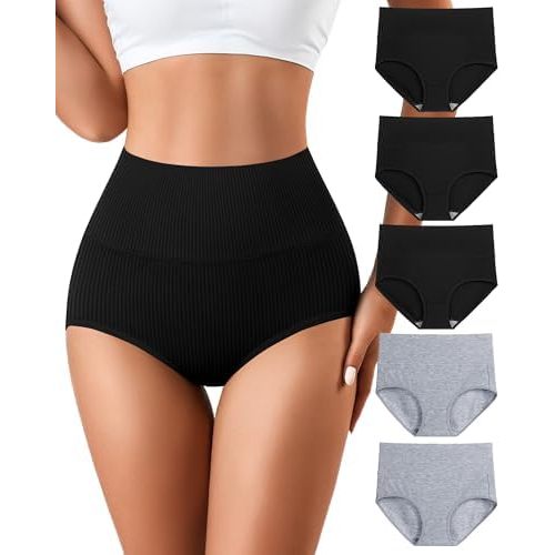 J-pone Womens Underwear Cotton High Waisted Strech Soft Full Coverage Briefs Ladies Postpartum Panties 5 Pack