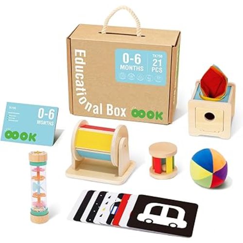 TOOKYLAND Montessori Toys for Babies 0-6 Months, 6 in 1 Learning Educational Set Newborn Toys Including Sensory Ball, Rain Stick, Baby Roller, Spinning Drum, Black and White Cards, Tissue Box.