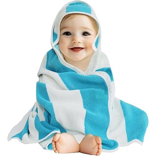 ORIGINAL KIDS Hooded Baby Towel for Newborn - 100% Cotton Baby Bath Towel with Hood - Boys Girls Infants Toddler - Soft Absorbent Beach Pool Newborn Bath Essentials - Large 32x32 - Cabana Stripe Aqua