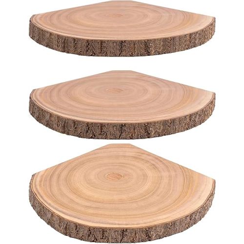 WELLAND Corner Floating Shelves Set of 3, Wood Slices with Bark Decorations Style