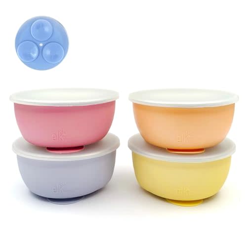 Elk and Friends Stainless Steel Bowls with Silicone Sleeve for Babies & Toddlers | Lids Included | Stay Put Suction | Cereal & Snack Bowls | 4 Pack