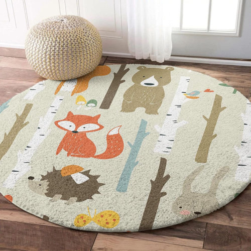 Redwood Rover Albin Shag Area Rug, 5Ft Indoor Round Area Rugs- Cartoon Bunny Bear Fox Animal Forest Shaggy Carpet Nursery Rug For Kids Baby Bedroom Living Room Home | Wayfair