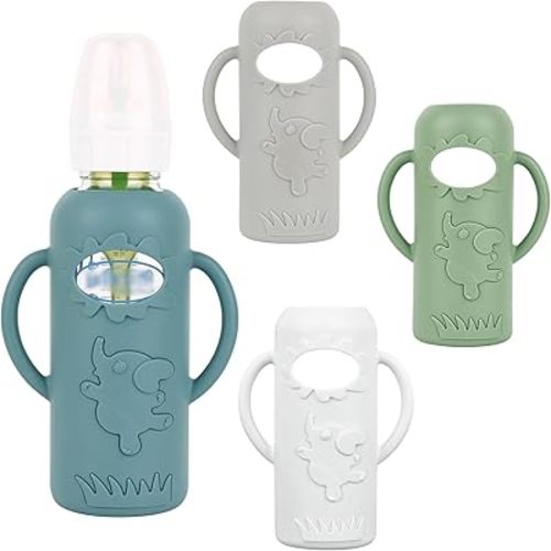 4 Pack Silicone Sleeves with Handle for Dr Brown's Glass Baby Bottles, Drop Protection Baby Bottle Sleeves, Compatible with Dr. Brown's Natural Narrow Glass Baby Bottles 8 oz