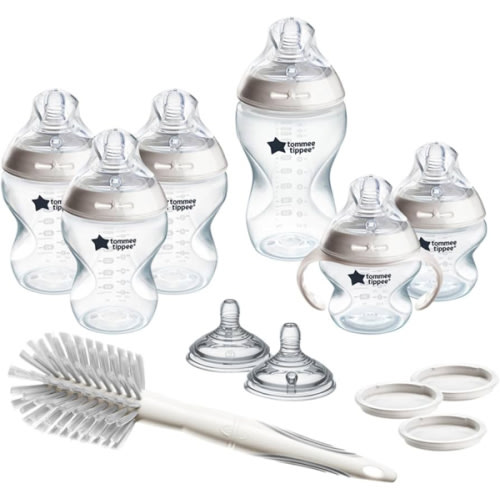 Tommee Tippee Natural Start 12 Piece BPA Free Bottle Set, Includes 2 x 5 oz, 3 x 9 oz, 1 x 11 oz Bottles, Newborn 0+ Months, Slow, Medium & Thicker Flow Breast-Like Nipples, Cleaning Brush, Clear