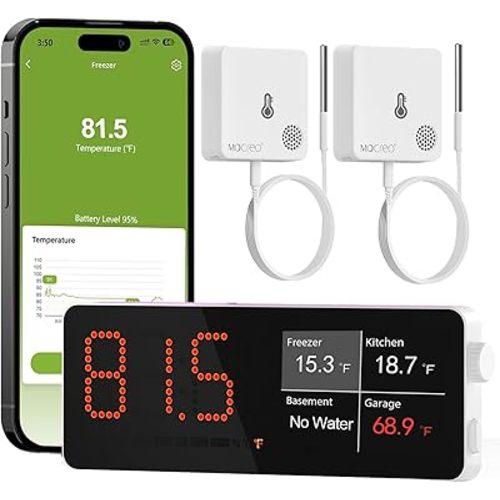 WiFi Freezer Thermometer Alarm with Digital Monitor Hub, App and Email Alerts, 2-Year Data Export, 2 Remote Temperature Sensors for Refrigerator, Fridge, Freezer