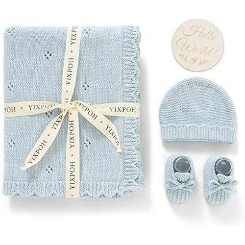 Organic Cotton Baby Blanket Knit Beanie Hat Booties Set Newborn Swaddle Receiving Blanket for Boy Girls with Wooden Hello World Sign