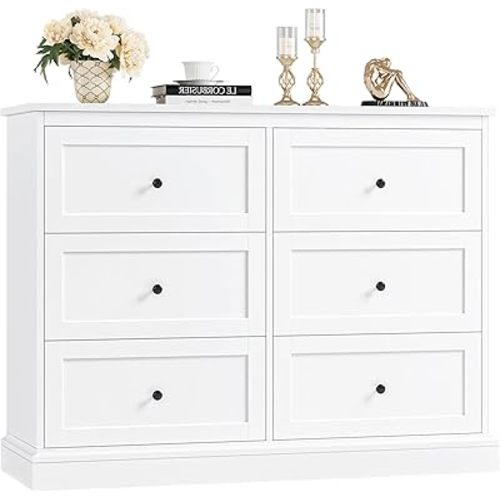 FOTOSOK White Dresser, 6 Drawer Dresser White, Modern Double Chest with Deep Drawers, Wide Storage Organizer Cabinet for Living Room Home