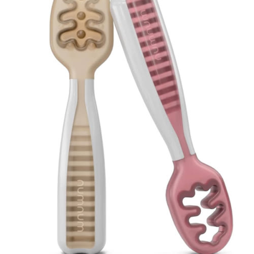 NumNum Baby Spoons Set, Baby Essentials Pre-Spoon GOOtensils for 6+ Months, First Stage Self-Feeding Spoons for Baby Led Weaning (BLW), Silicone Toddler Utensils, BPA-Free, 2 Pack Beige/Mauve