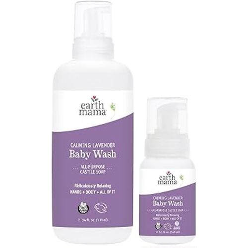 Earth Mama Calming Lavender Baby Wash Liquid Foaming Hand Soap Set, Organic All-Purpose Lavender Body Wash for Sensitive Skin, Castile Soap Coconut Oil, Calendula, & Aloe, 5.3Fl Oz & Liter Refill