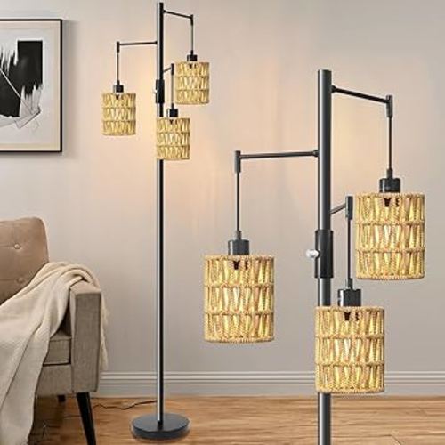 Floor Lamps for Living Room,3 Light Rattan Standing Tall Lamp with Foot Switch & Sturdy Base,Farmhouse Rustic Tree Black Vintage Floor Lamp for Bedroom Office