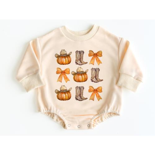 Cowgirl Pumpkin Bubble Romper Sweatshirt, Baby Girl Fall Outfit, Cute Fall Baby Clothes, Baby Bodysuit, Thanksgiving Baby Outfit