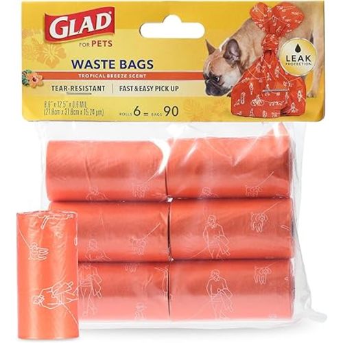 Glad for Pets Large Dog Waste Bags, Scented, Tear-Resistant, 6 Rolls | Heavy Duty Dog Poop Bags for Fast and Easy Dog Waste Cleanup | 6 Rolls Waste Bags, 90 Bags Total