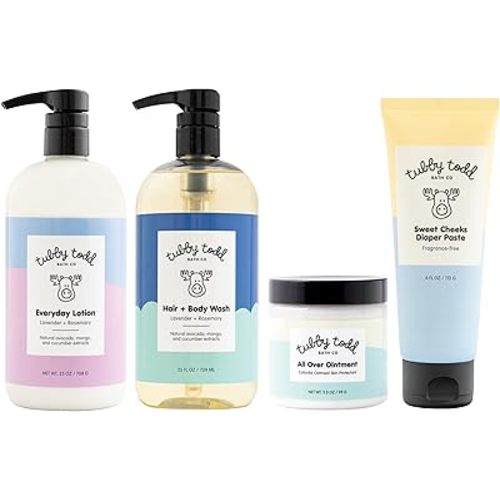 Tubby Todd Baby Bath & Skincare Kit - The Baby Bundle - Baby Shampoo and Body Wash, Everyday Lotion 8.5 Oz, All Over Ointment 3.5 Oz & Diaper Paste Cream 7.9 Oz Gift Set - Lavender Rosemary