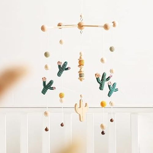 Baby Crib Mobile Cactus Nursery Mobiles Handmade Nordic Style Wooden Nursery Decoration Baby Photography Props Newborn Gift(Green Series)