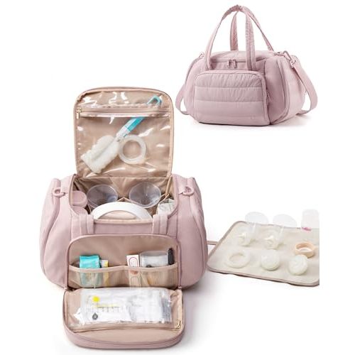 Marscamd Quilted Breast Pump Bag Compatible with Spectra S1 and S2, Pumping Bag with Cooler Compartment and a Drying Mat, Pink