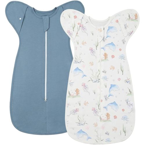 2-Pack Baby Transitional Swaddle Sleep Sack - Arms Up Swaddle 3-6 Months for Baby Boys, Newborn Sleep Sack with Cuff Removable & 2-Way Zipper Design, Blue Dolphin