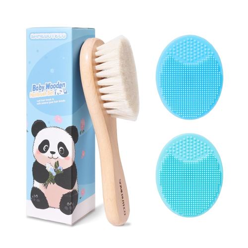 Baby Hair Brush and Cradle Cap Brush Set Goat Hair Bristles Brush 2 Pieces Silicone Cradle Cap Brushes Wood Handle Newborn Brush Kit for Newborns and Toddlers 3 Packs