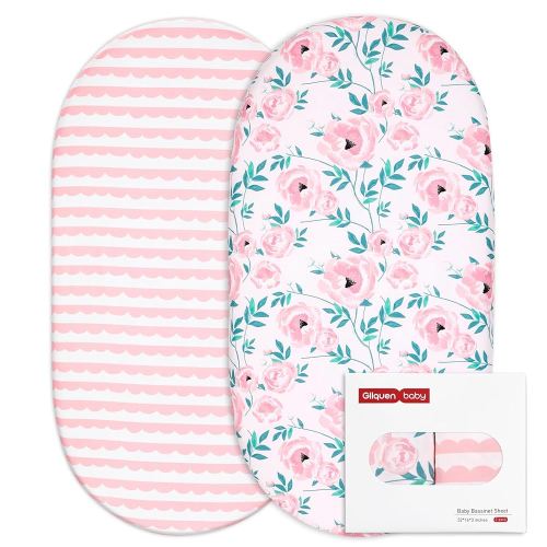 Gllquen Baby Bassinet Sheets Set 2-Pack, Breathable Cozy Bassinet Fitted Sheet Universal Fit Standard Mattress Oval Rectangle Cradle Baby Sheets for Baby Boy Girls Unisex 32"x16" (Pink Flower)