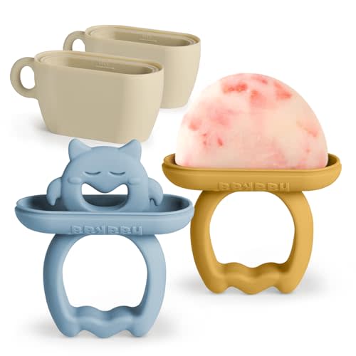 Silicone Popsicle Molds for Baby Teething Relief, BPA Free Ice Pop Molds&Frozen Breast Milk Teether for Infant 6m+ (Sky Blue + Mustard)