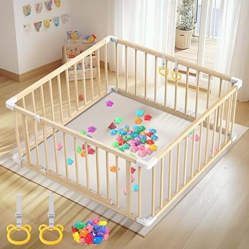 Baby Wooden Playpen for Toddler and Babies - 43x43 Inch Easy to Assemble Baby Playpen with Handle & 30 Ocean Ball- Baby Safety Activity Centre Play Yard with Locking Gate for Indoor & Outdoor