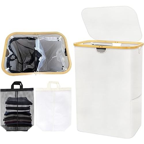 160L Laundry Hamper 2 Section, Laundry Hamper with Lid and Removable Bag, Dirty Clothes Hamper for Laundry Room, Bedroom, Bathroom, Dorm, Living Room (White)