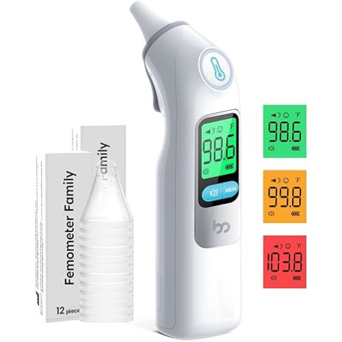 Ear Thermometer, Highly Accurate Ear Thermometer for Kids, Adults and Babies, 30 Memory Recall, 1s Result and 3-Color Fever Alert, with 24 Disposable Probe Covers, White