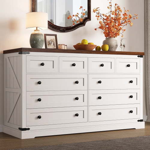 White Dresser for Bedroom with 10 Drawers Farmhouse Wood Dresser with Smooth Metal Rail,Antique White