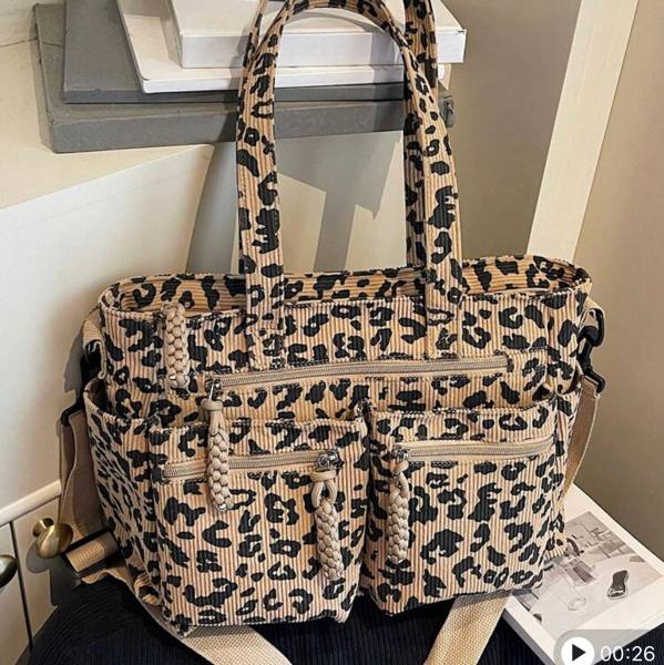 1pc Women's Fashionable Tote Bag With Full Body Leopard Print, Made Of Corduroy Material, Large Capacity With Multiple Pockets For Storage, Detachable And Adjustable Shoulder Strap, Suitable For Casual, Shopping, Travel, Work, School, And Gift Giving | SH