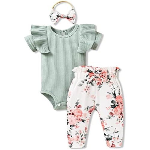 fioukiay Preemie Newborn Baby Girls Clothes Infant Little Kids Romper Bodysuit Pants Headband Clothing Set Summer Outfits